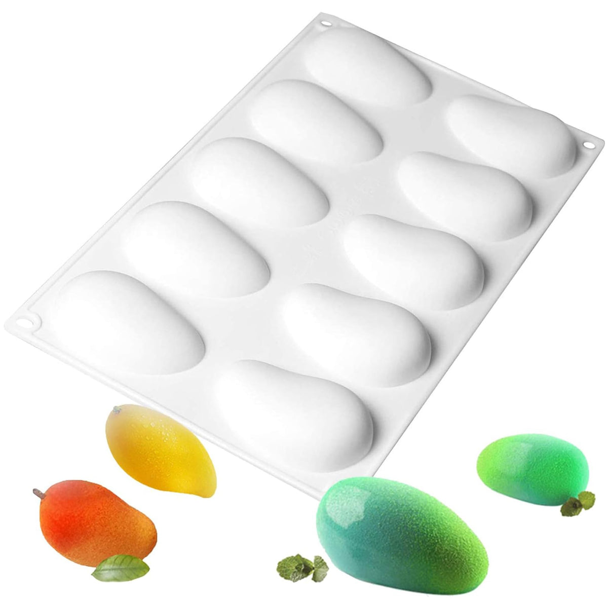 OCPO Kitchen mango silicone mold with 10 cavities for consistent dessert shapes.