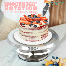 O'CREME stainless steel decorating stand for professional wedding cake displays.