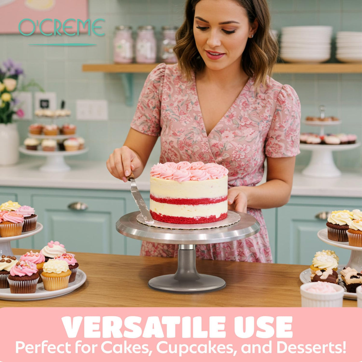O'CREME cupcake display turntable ideal for dessert service and elegant presentation.