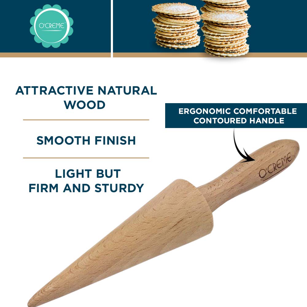 O'CREME Krumkake cone mold wood handle for comfortable grip.