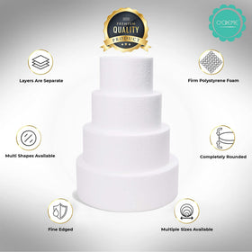 O'CREME dense foam dummy provides sturdy support for tall decorative cakes.