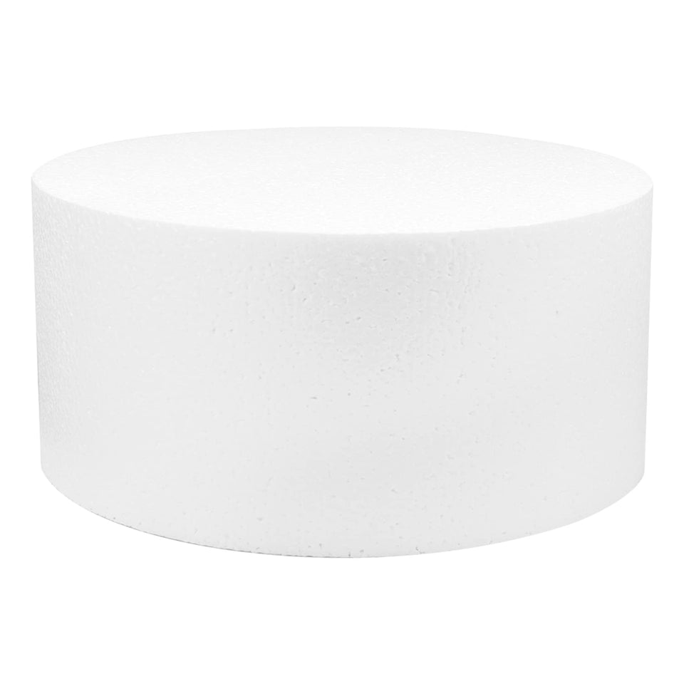 O'CREME round polystyrene dummy, 8in diameter and 5in high, ideal display base for cakes.