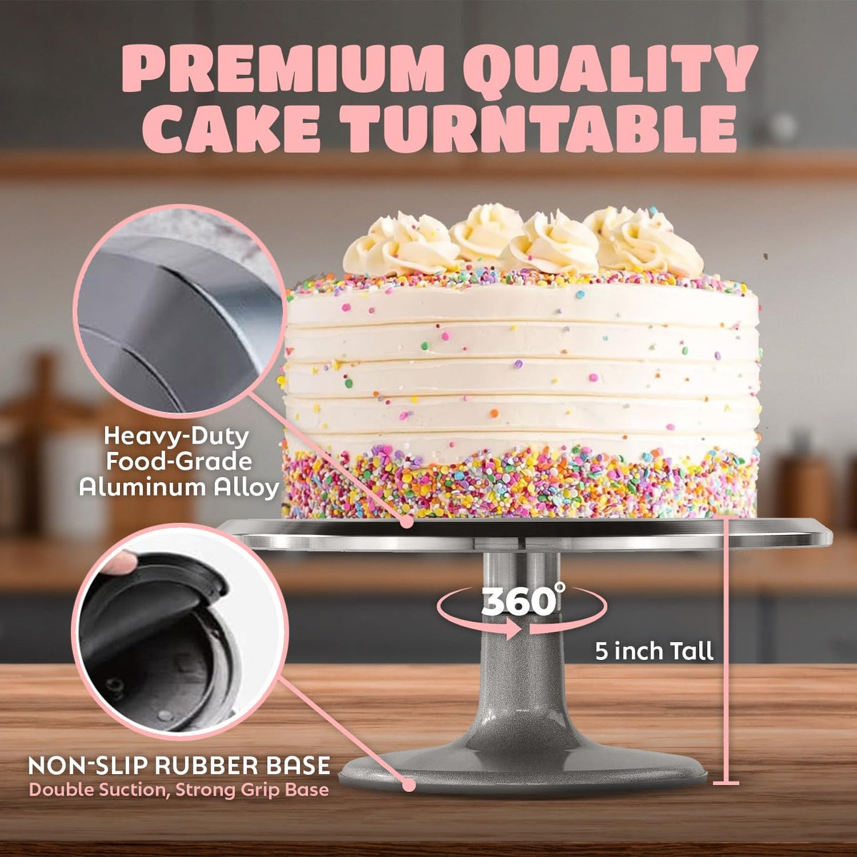 O'CREME turntable with non-slip base keeps cakes secure during decorating.