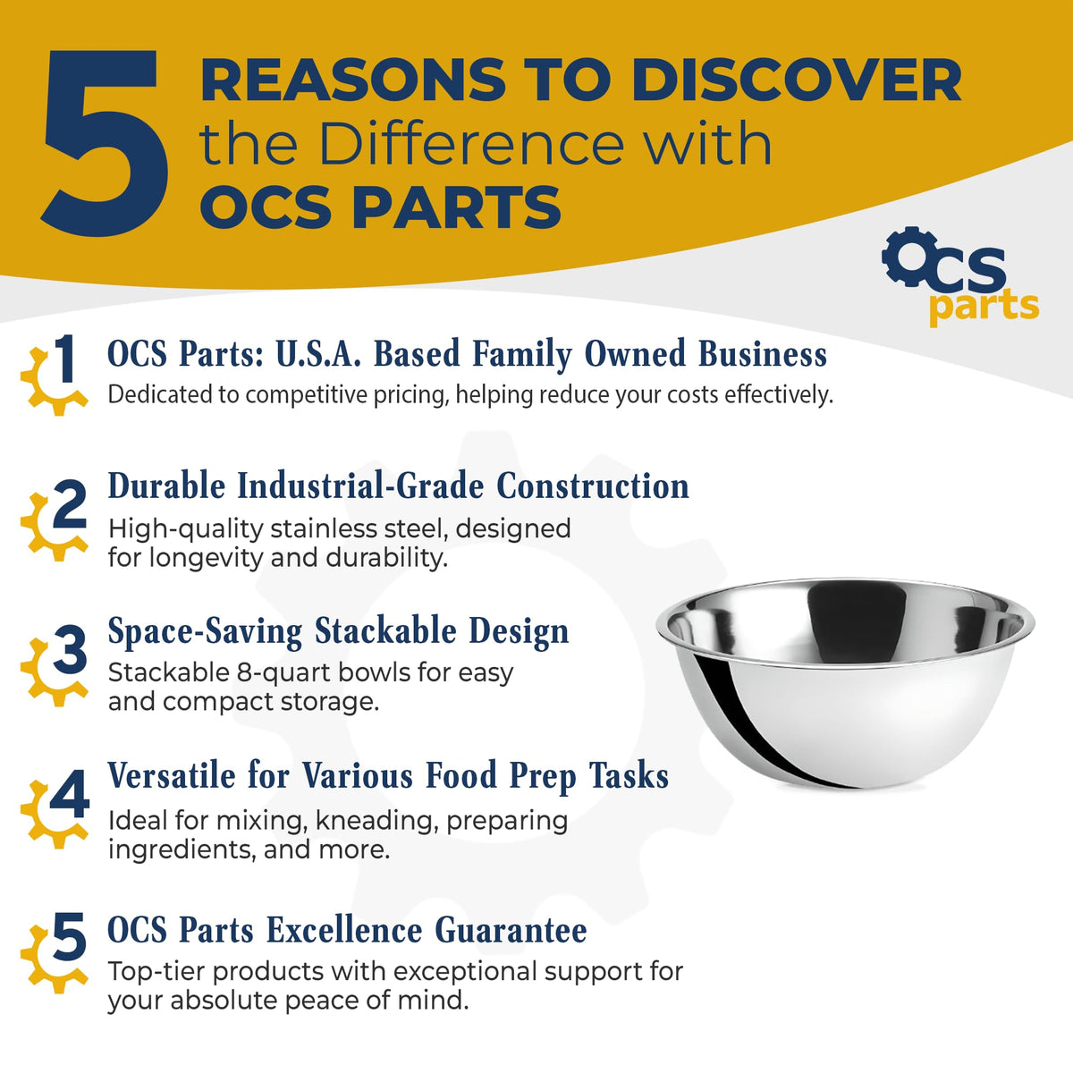 OCS Parts 13-25 inch stainless steel mixing bowl with mirror finish for easy handling