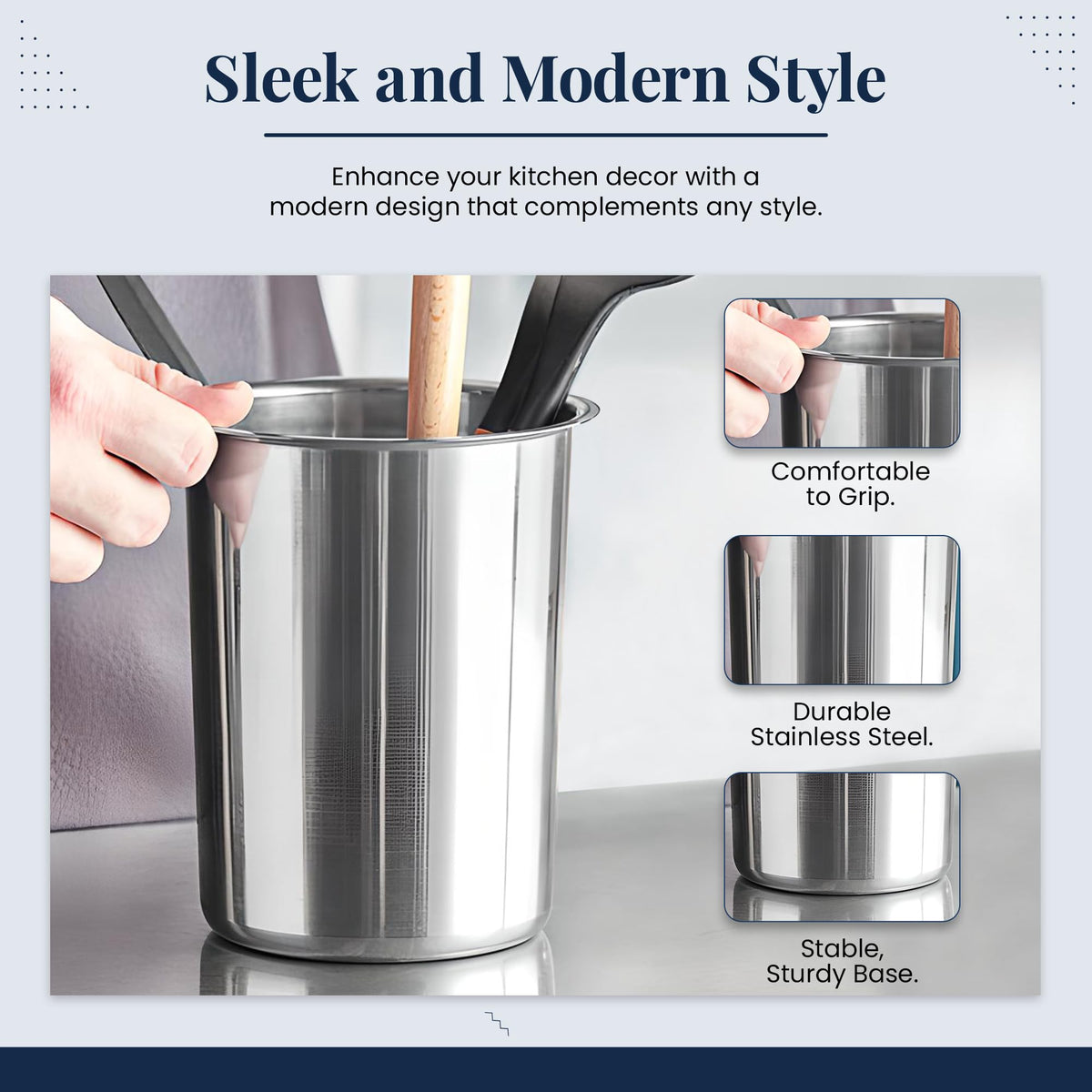 Versatile storage for spoons, straws, and other kitchen tools.