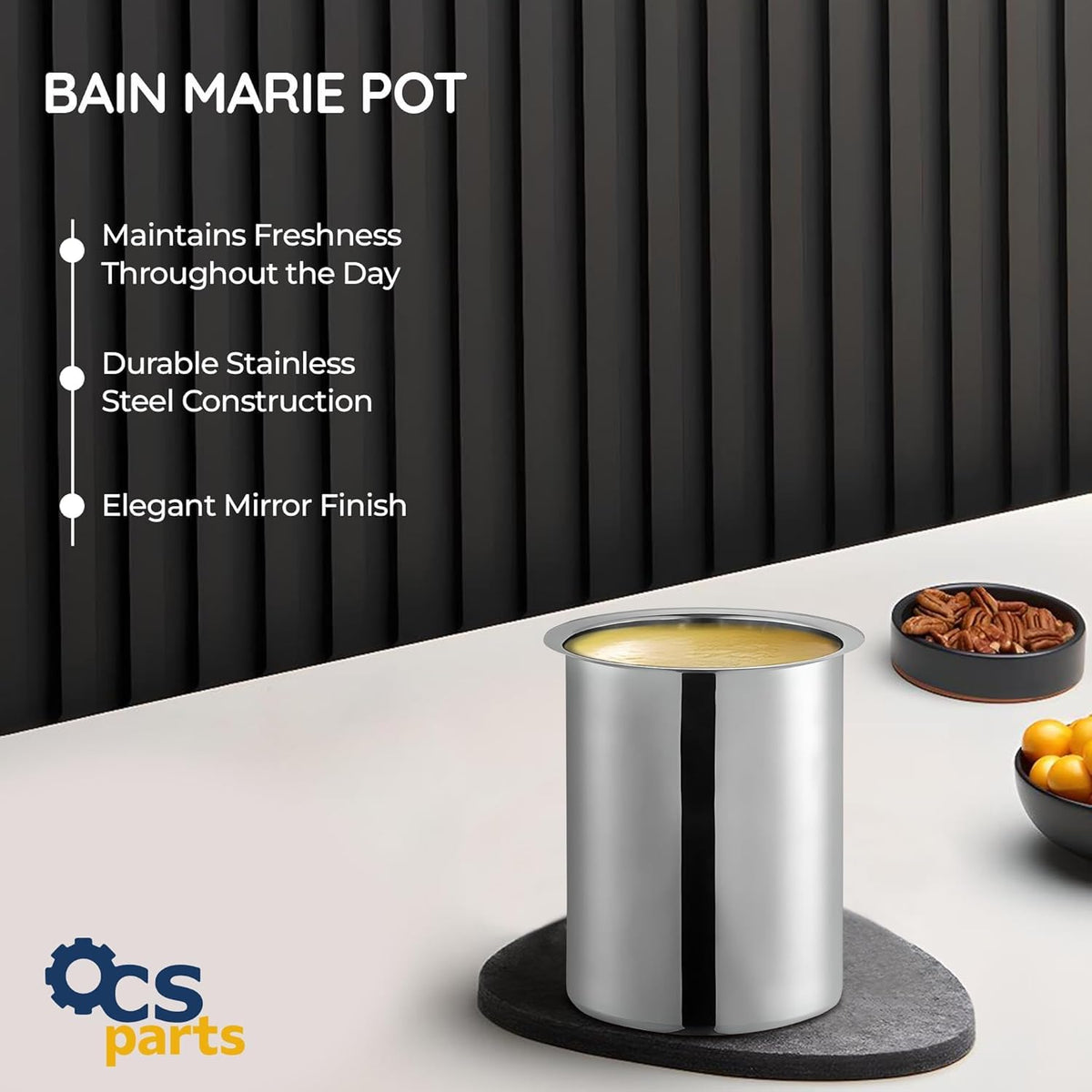 Elegant mirror finish supports attractive presentation during dining service.