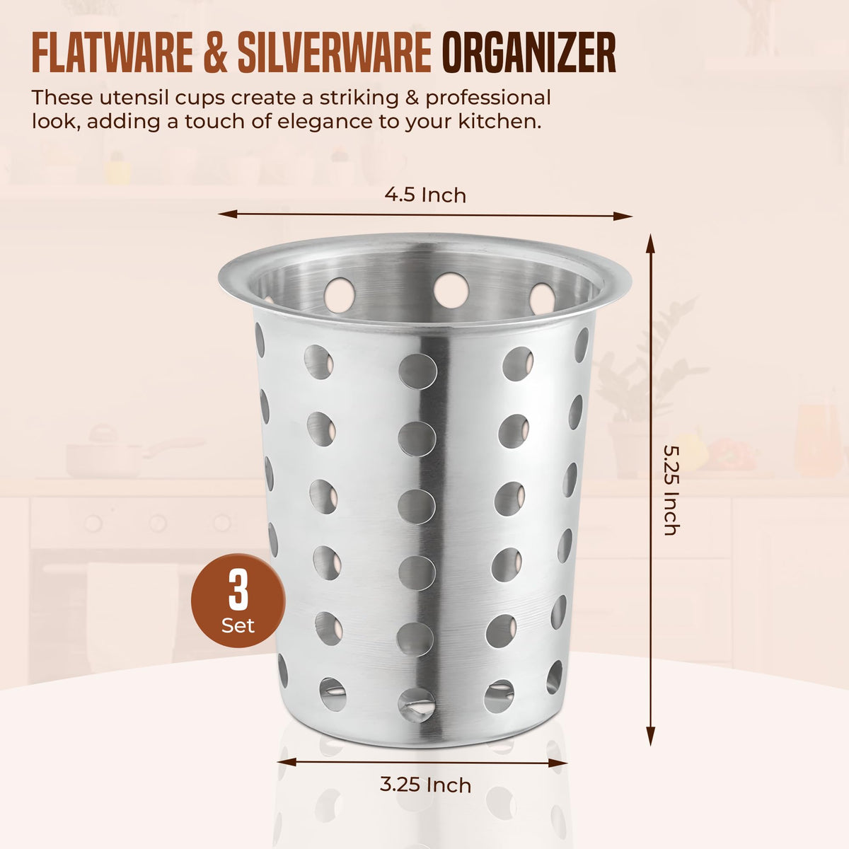 Close-up shows perforated cups for drainage and visibility on the counter.