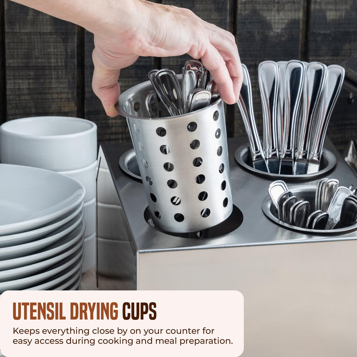 OCS Parts cups on counter with raised notches for sanitary, elevated surface.