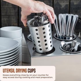 OCS Parts cups on counter with raised notches for sanitary, elevated surface.