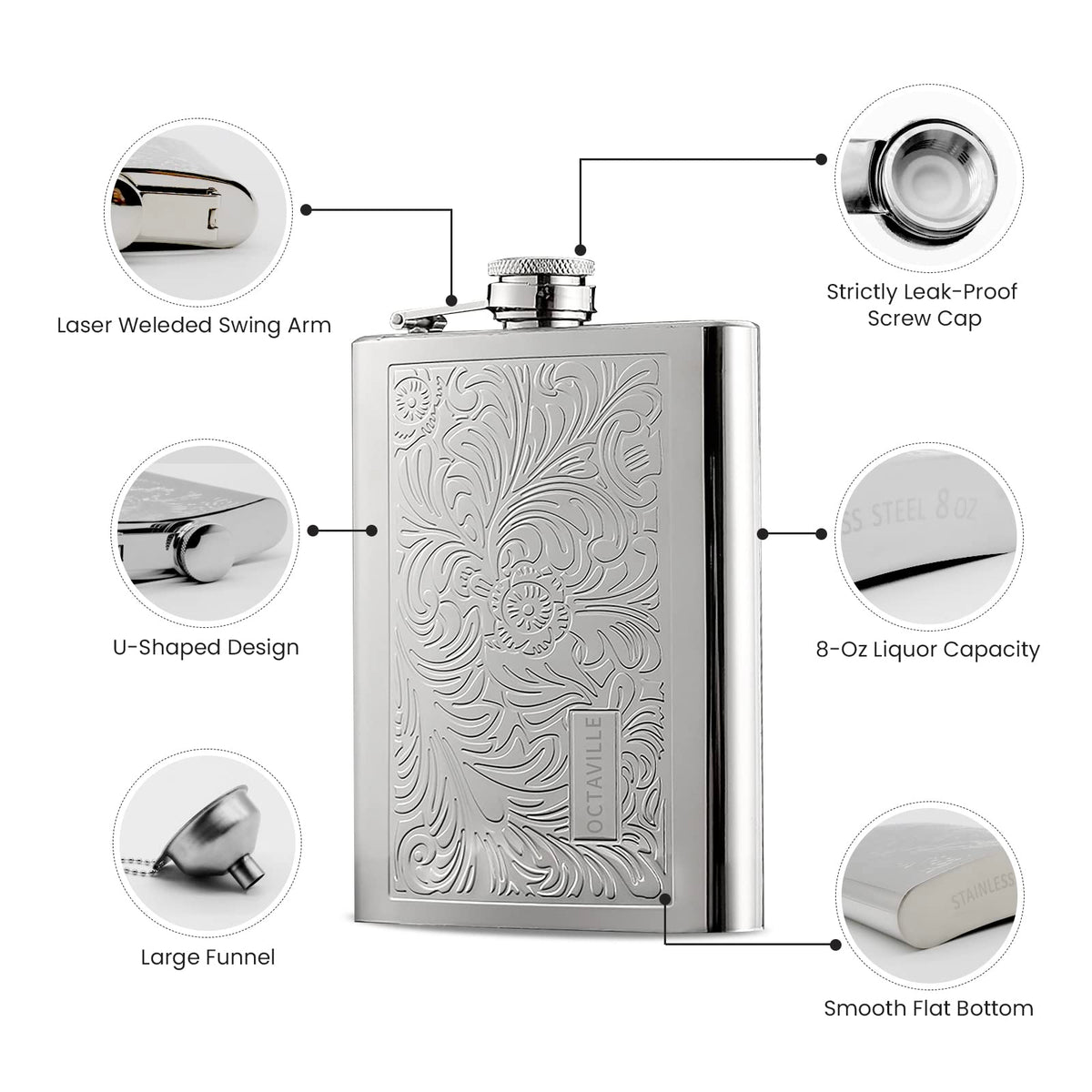 Octaville engraved-pattern-design flask offers a personalized gift option.