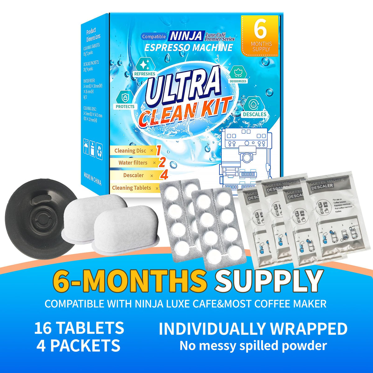 OCTPLAY descaling packets in box help prevent mineral buildup for smoother pulls.