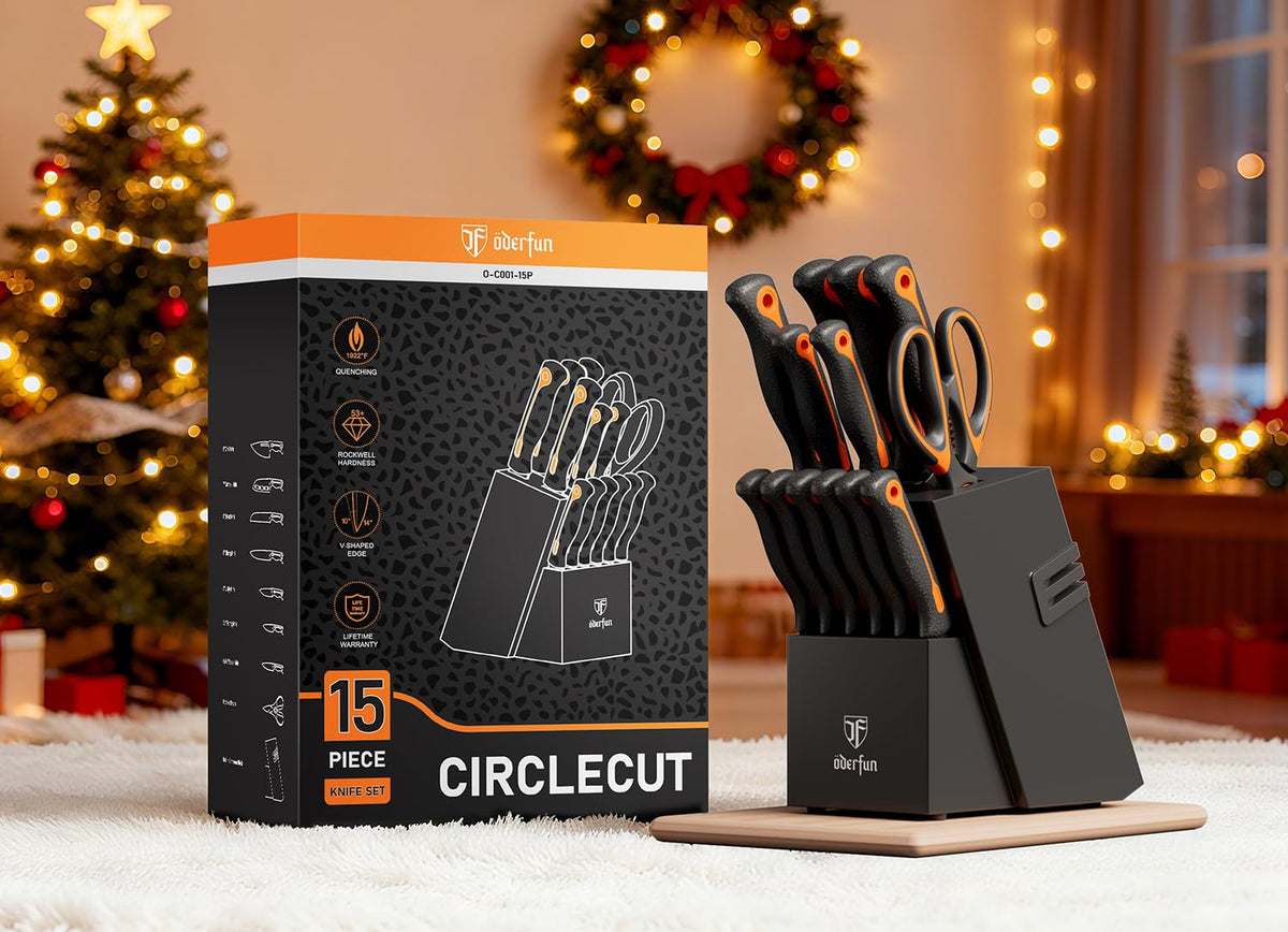 ODERFUN hardwood knife block offers organized storage and built-in sharpener accessibility.