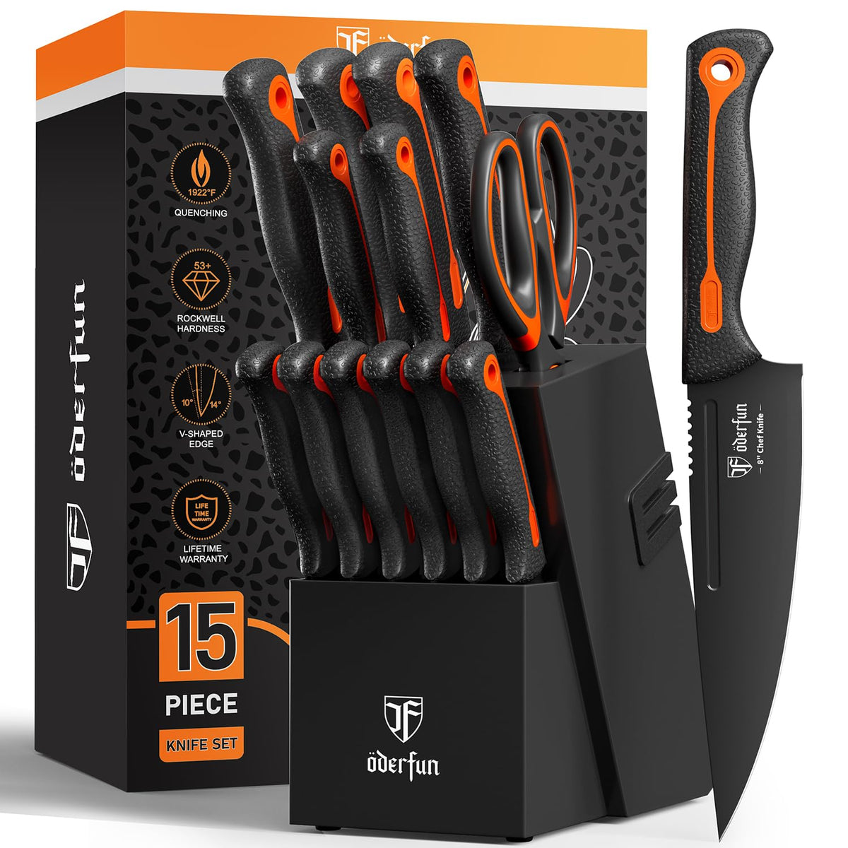 ODERFUN knife block set, dishwasher-safe blades for easy cleanup.