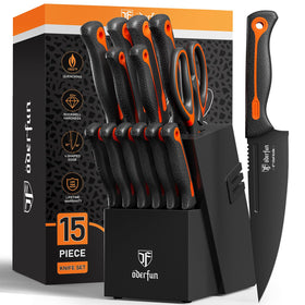 ODERFUN knife block set, dishwasher-safe blades for easy cleanup.