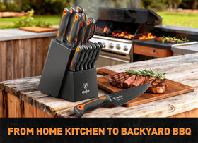 ODERFUN stylish matte black blades with orange handles elevate kitchen decor.