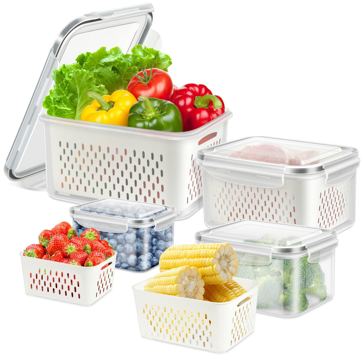 ODOMU four-piece fridge container with removable colander keeps produce separate and fresh.
