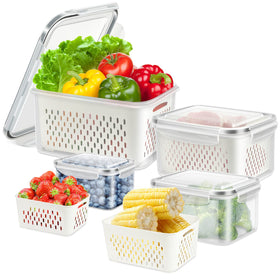 ODOMU four-piece fridge container with removable colander keeps produce separate and fresh.