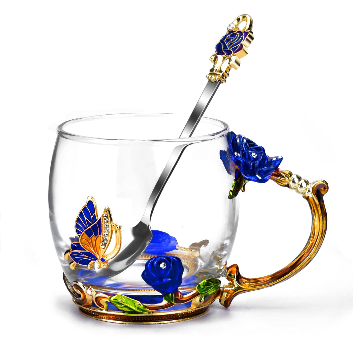 OEAGO blue rose butterfly enamel mug with 3D design for elegant tea time