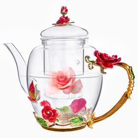 OEAGO enamel glass flower teapot with rose design for elegant tea moments