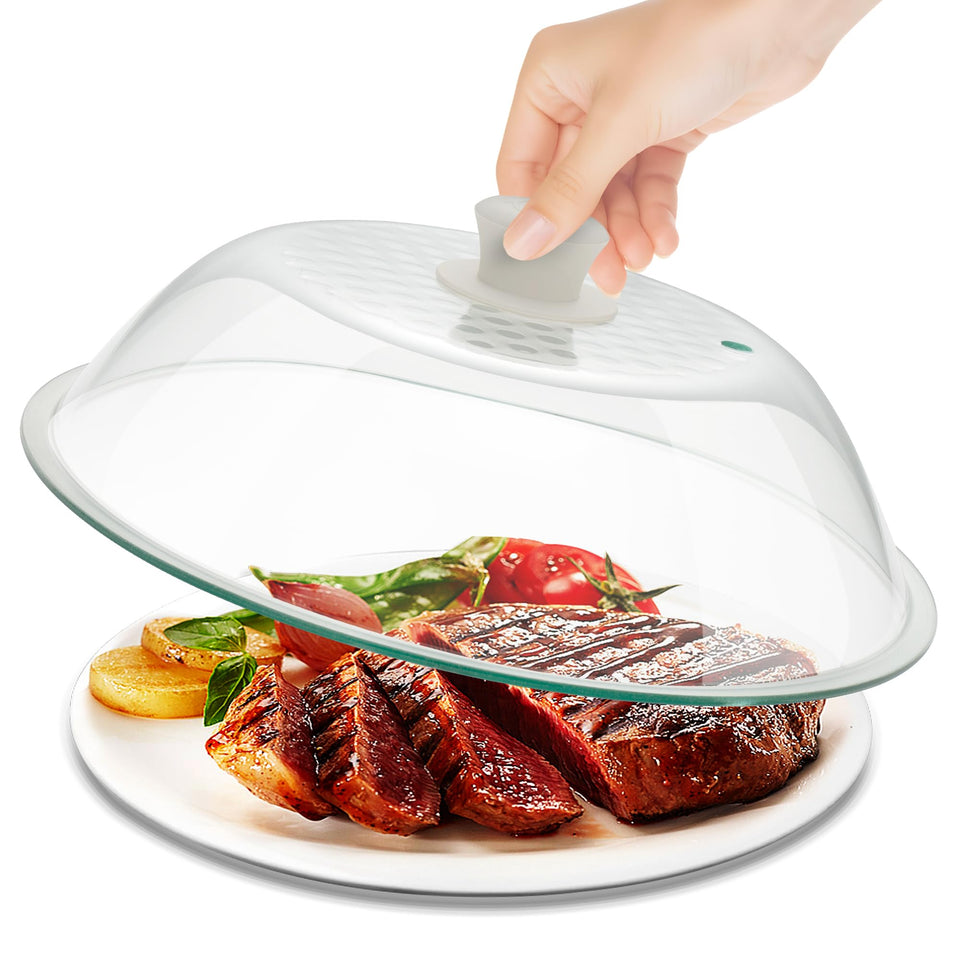 OEC lighter-weight tempered glass splatter cover on microwave, preventing splashes and easy handling