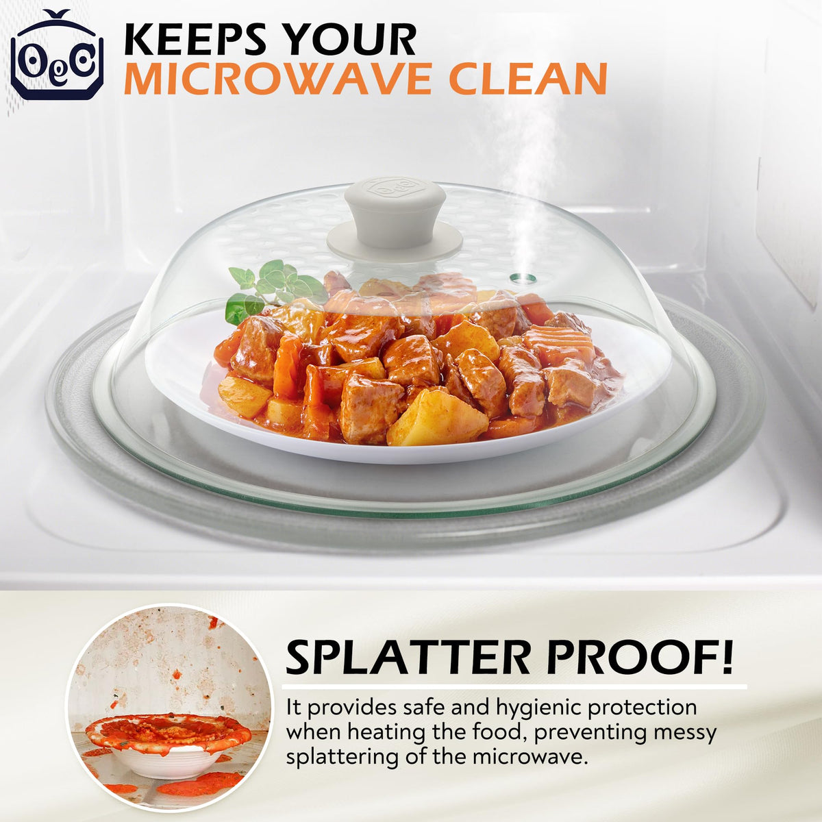 OEC microwave-safe lid with silicone knob and vent for safe heating