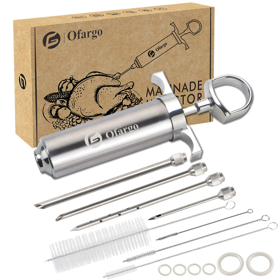 Ofargo meat injector barrel 2oz showing durable stainless steel for marinade infusion