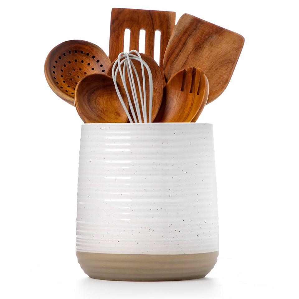 Officepal 6.8-inch large ceramic utensil holder on counter for easy access.