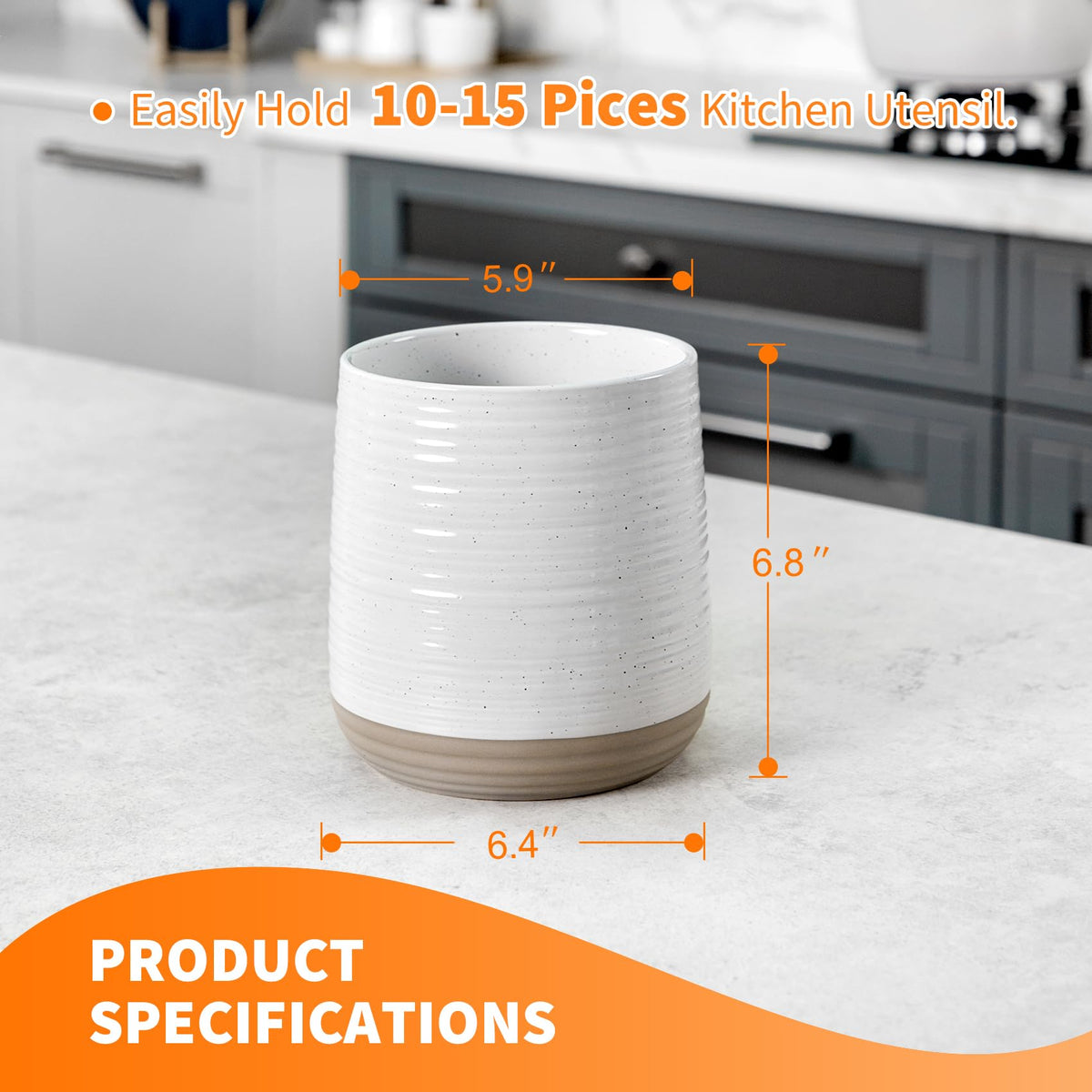Officepal farmhouse two-tone design utensil crock adds rustic charm and organized counter space.