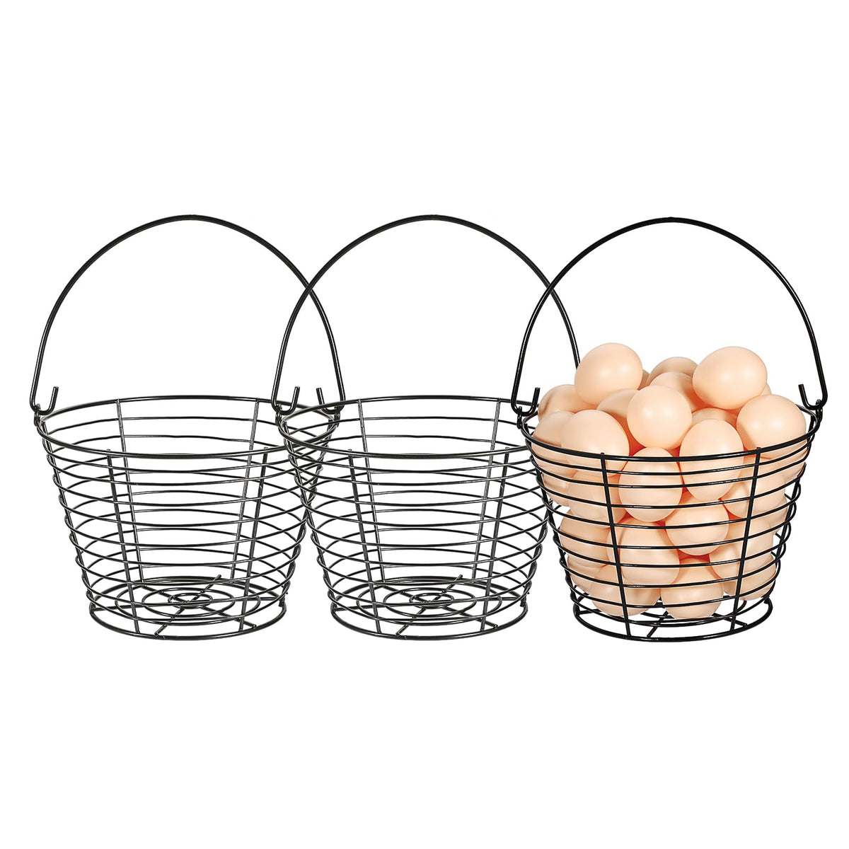 OGANAZI 8-inch round wire egg basket with handle on counter, ideal for gathering fresh eggs