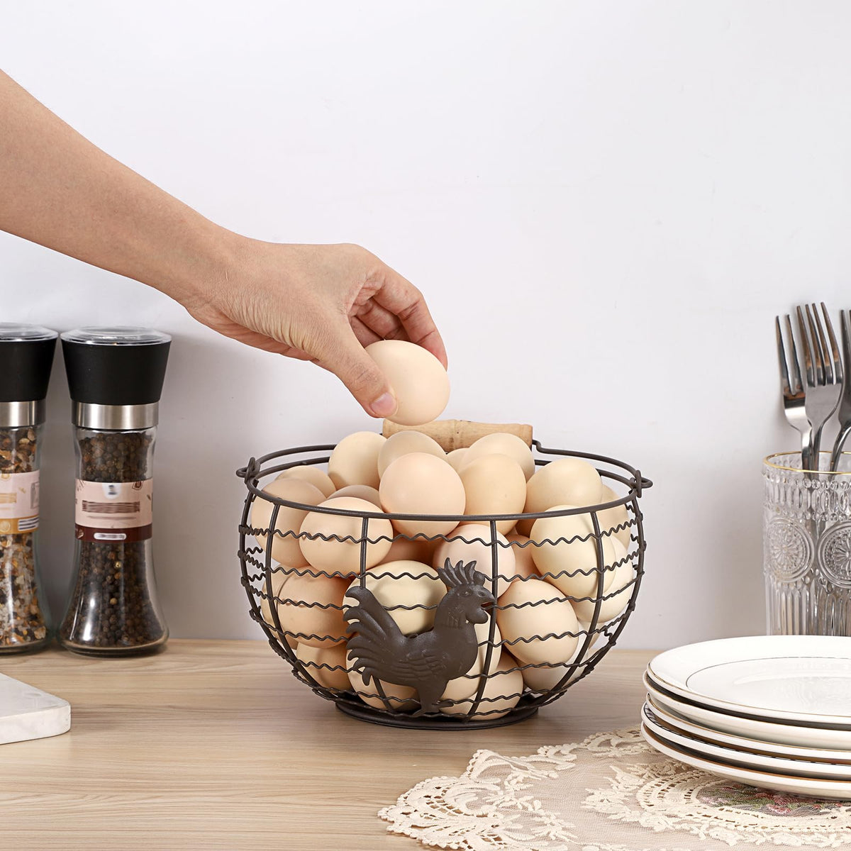 OGANAZI egg basket displayed on countertop enhances rustic kitchen style.
