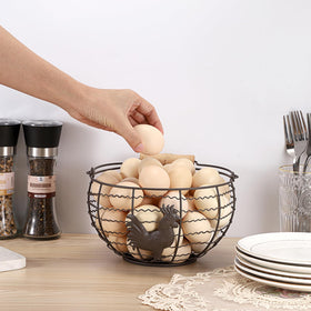 OGANAZI egg basket displayed on countertop enhances rustic kitchen style.