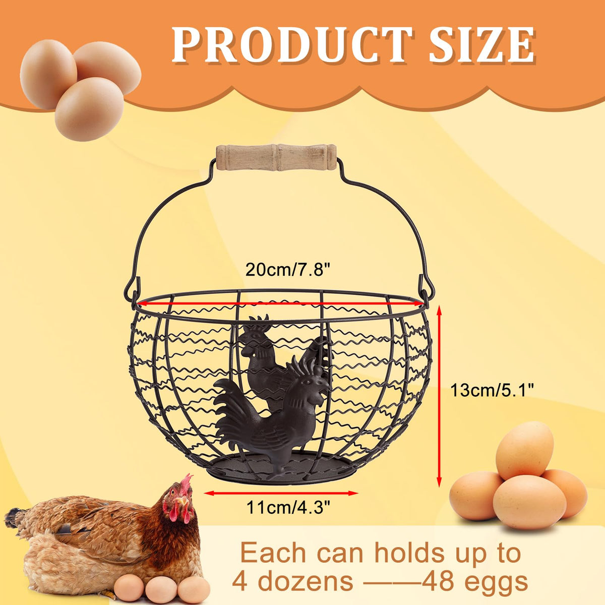 OGANAZI egg basket with wood handles for comfortable, secure carrying.