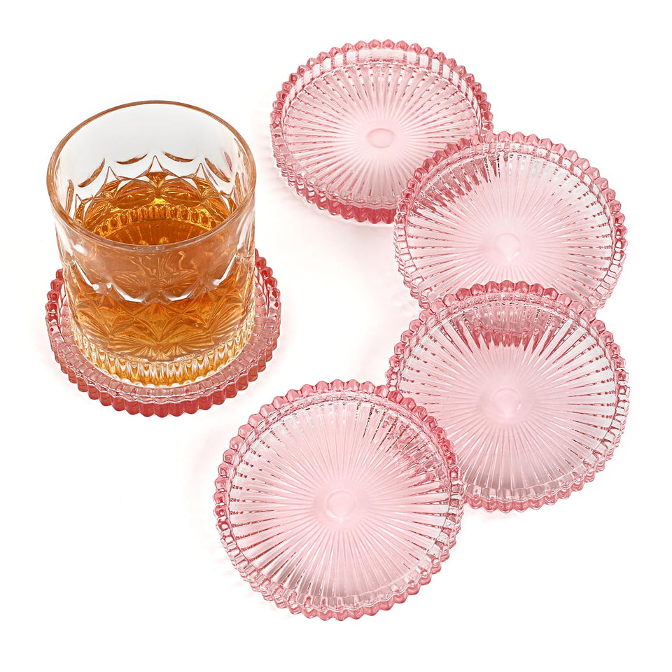 OGANAZI modern clear coaster set of five protects surfaces with durable tempered glass