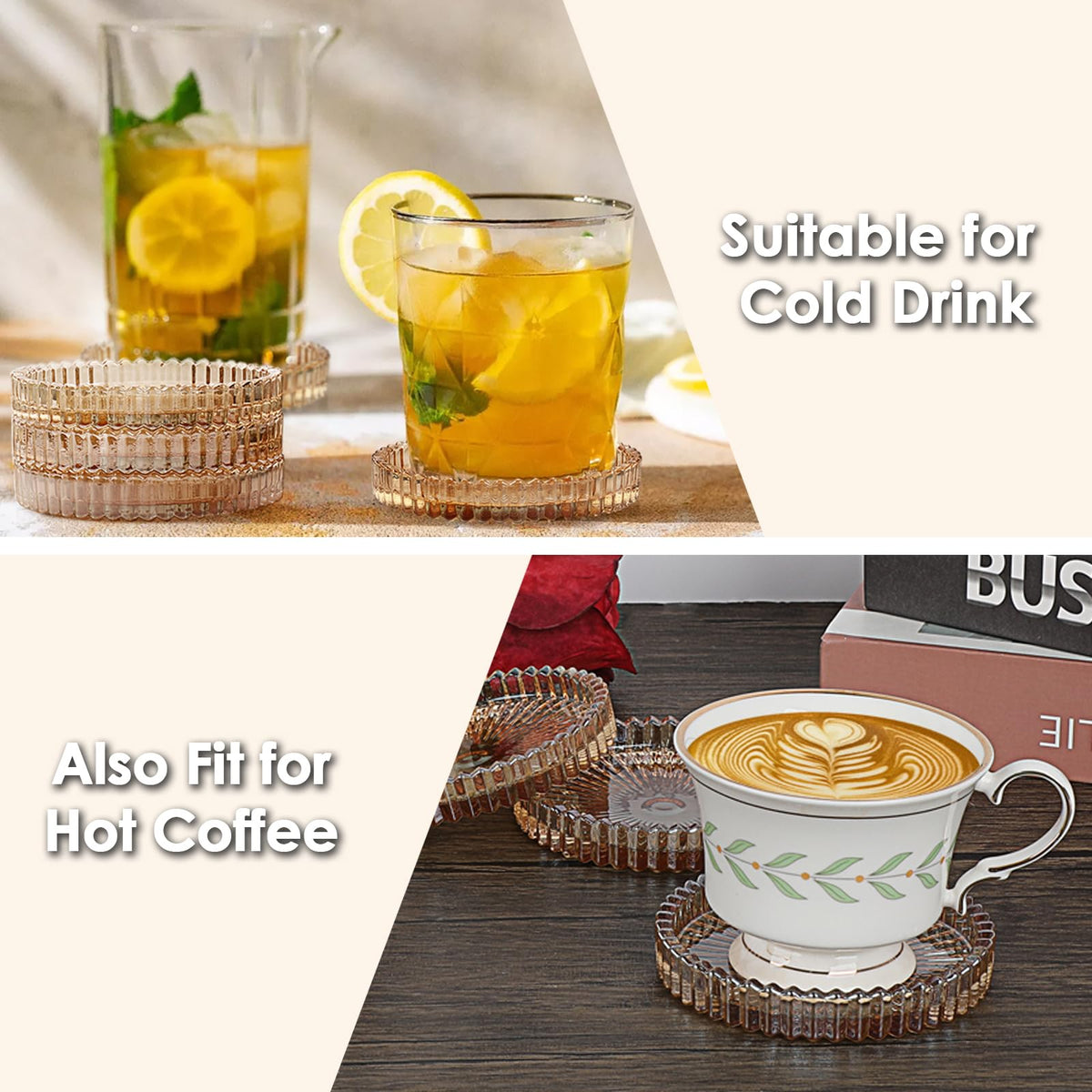 OGANAZI raised-edge coaster amber round prevents spills and scratches