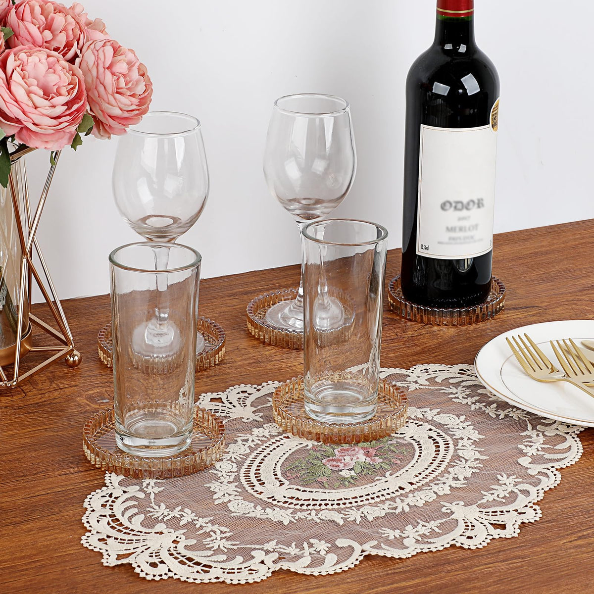 OGANAZI stripe-design edge coaster amber round adds elegance and durability