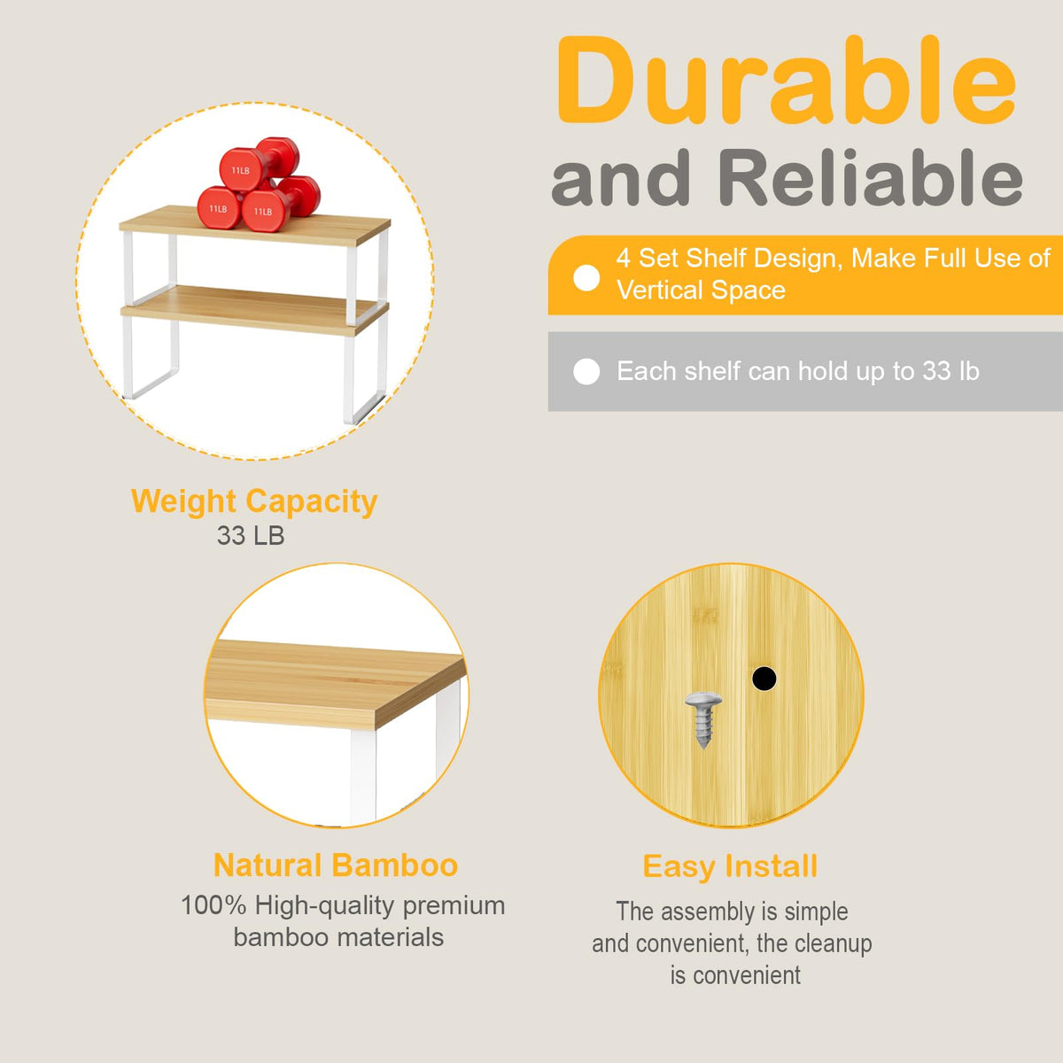 OGEMXU cabinet shelf organizers — countertop placement provides quick access to tools and jars.