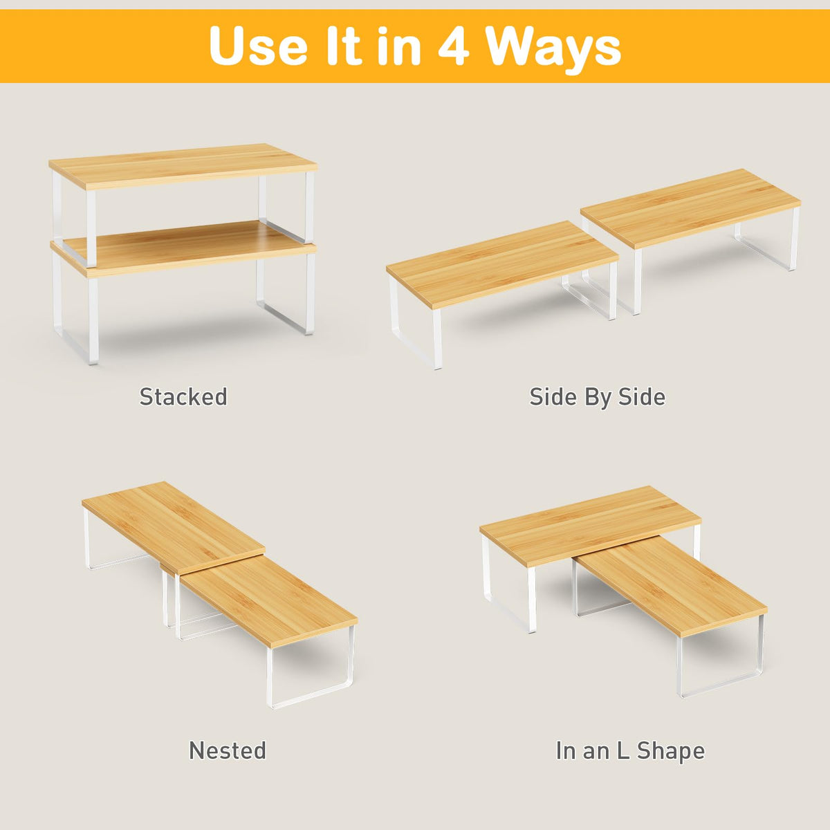 OGEMXU cabinet shelf organizers — easy assembly fits most cabinets in minutes.