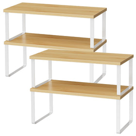 OGEMXU cabinet shelf organizers — overall setup for easier access to cookware and spices.