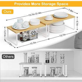OGEMXU cabinet shelf organizers — spice rack arrangement keeps condiments organized and reachable.