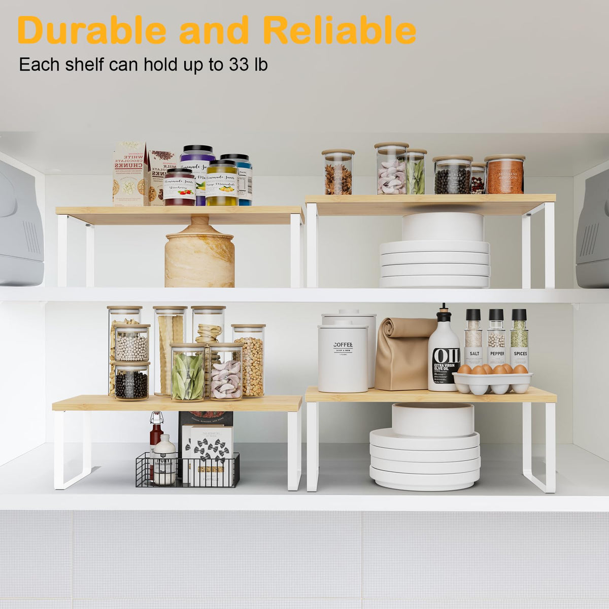 OGEMXU cabinet shelf organizers — under-sink storage helps declutter cramped spaces.