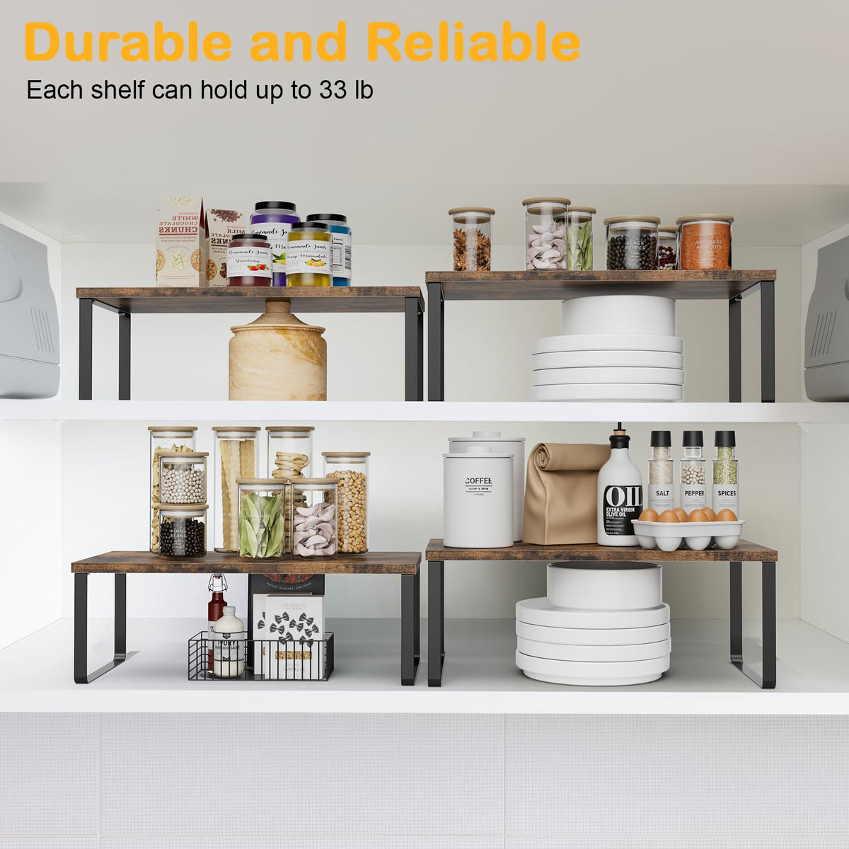OGEMXU spice rack and countertop storage creates a tidy prep area