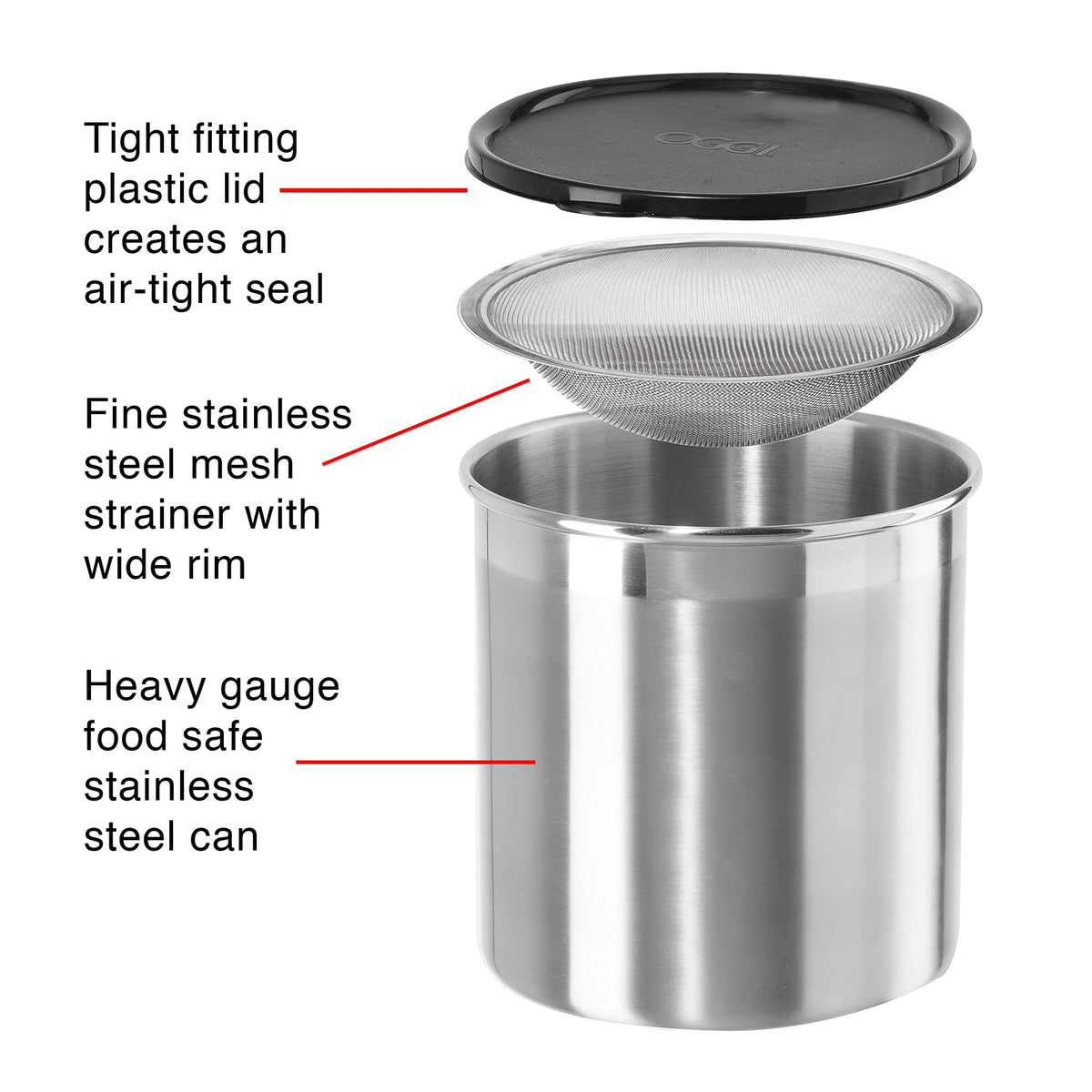Oggi 1-gallon capacity oil holder ideal for bacon drippings and fat storage.