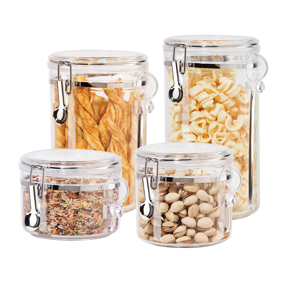 Oggi 4pc clear canister set on a kitchen counter keeps dry goods organized.