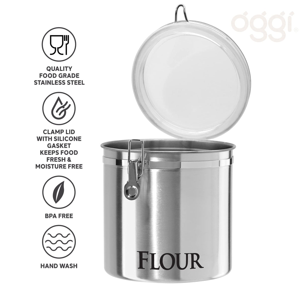 Oggi airtight clamp lid with silicone seal preserves dryness and aroma
