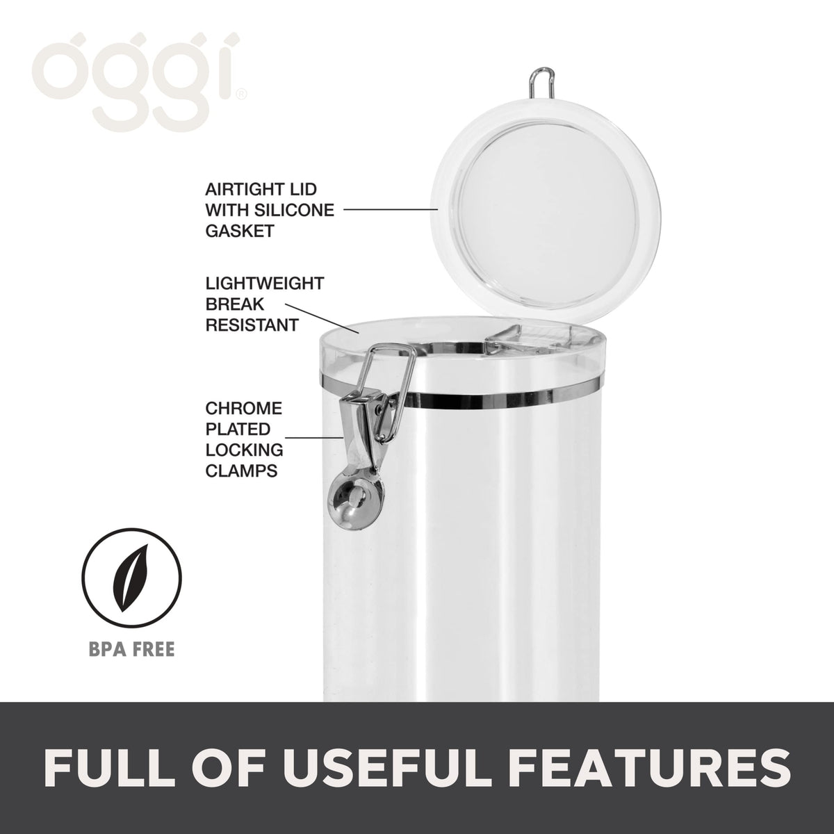 Oggi airtight kitchen container with silicone seal improves freshness for flour and pasta.