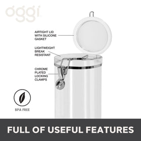 Oggi airtight kitchen container with silicone seal improves freshness for flour and pasta.