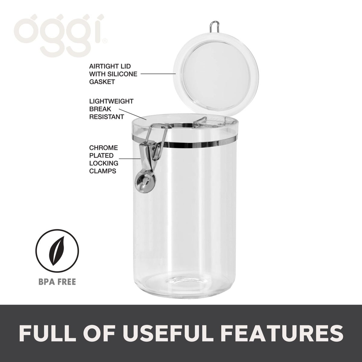 Oggi airtight seal canister with clear body preserves flour and sugar longer.