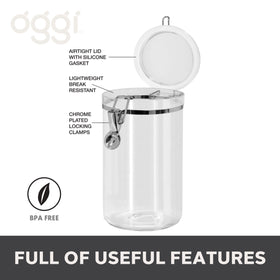 Oggi airtight seal canister with clear body preserves flour and sugar longer.