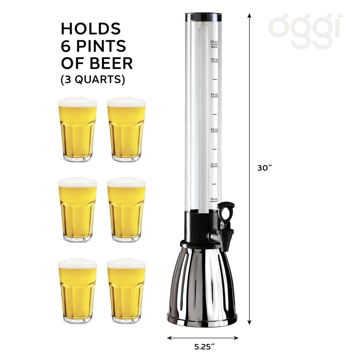 OGGI Beer Tower clear body showcases colorful beverages at parties and brunch