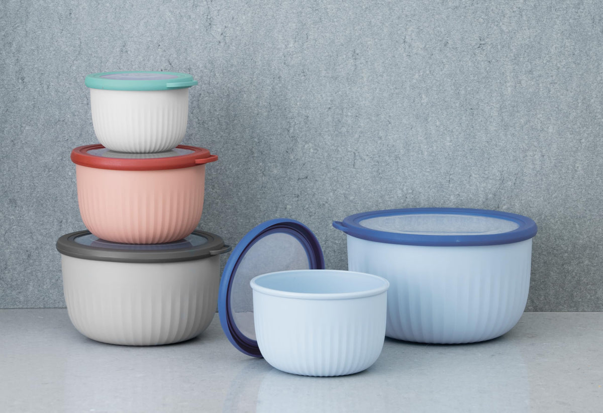 Oggi 1.4-quart bowl with see-through lid for quick contents check.